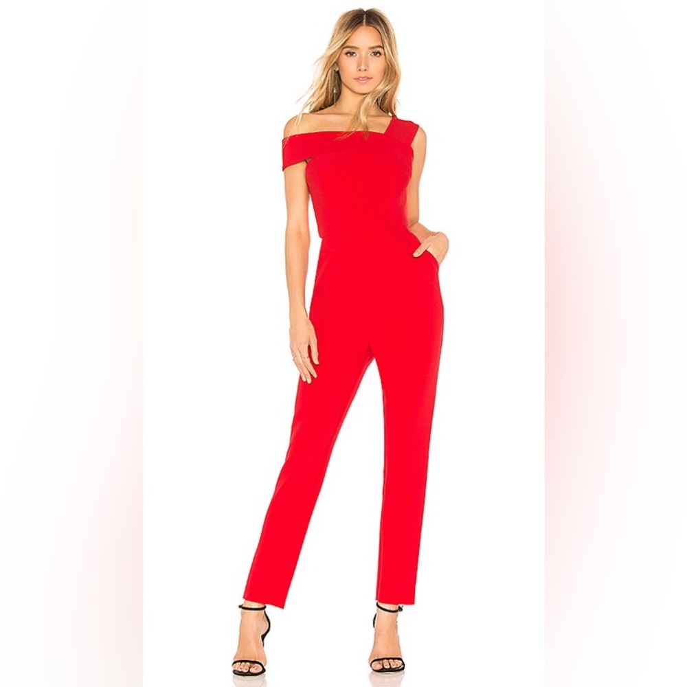NWT BCBGMaxAzria Berry Red Geometric Collar Jumpsuit with Open Back Size 6